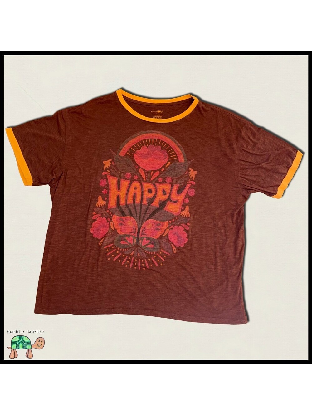 Natural Life Happy Graphic Oversized T-Shirt Brown with Orange Trim | Size Large